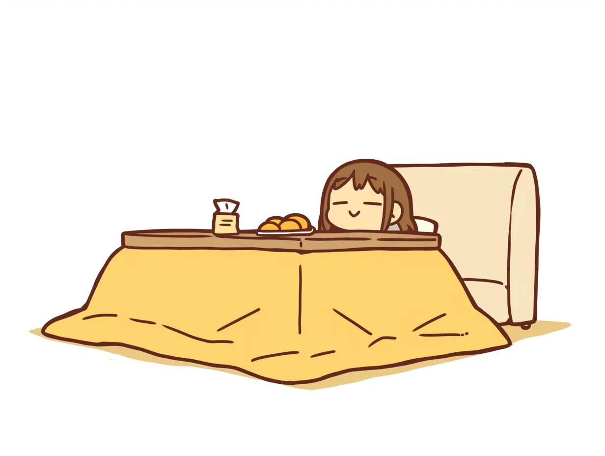 かわいい冬のこたつで休む人物｜黄色のこたつでくつろぐ人物のイラストは、温かみのある家庭的なシーンを表現しています。リラックス感を伝えるデザインで、かわいい冬の生活イメージ素材として幅広い用途に使えます。