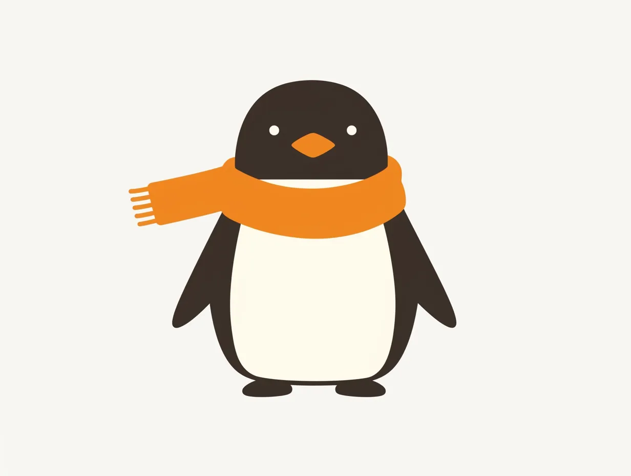 かわいい冬のマフラーを巻いたペンギン｜オレンジ色のマフラーを巻いたペンギンがシンプルに描かれており、親しみやすくビジネスでも利用しやすい構成です。かわいい冬のキャラクター素材として広告や配布物に適しています。