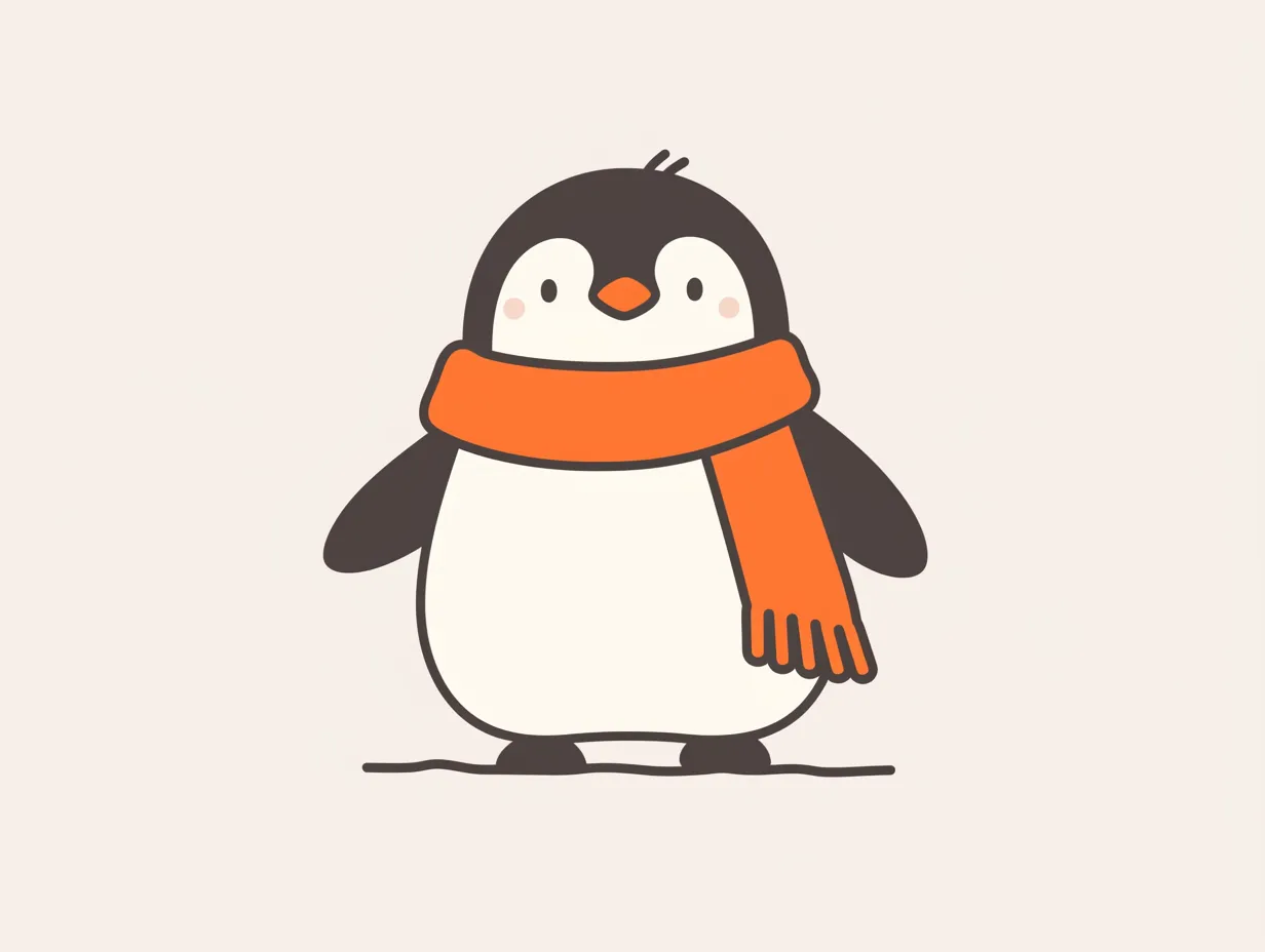 かわいい冬のあどけないペンギン｜やわらかい線と表情で表現されたペンギンは、かわいらしさと清潔感のある仕上がりです。優しい雰囲気を出すかわいい冬のイメージ素材として、キャンペーンや印刷物に活用できます。