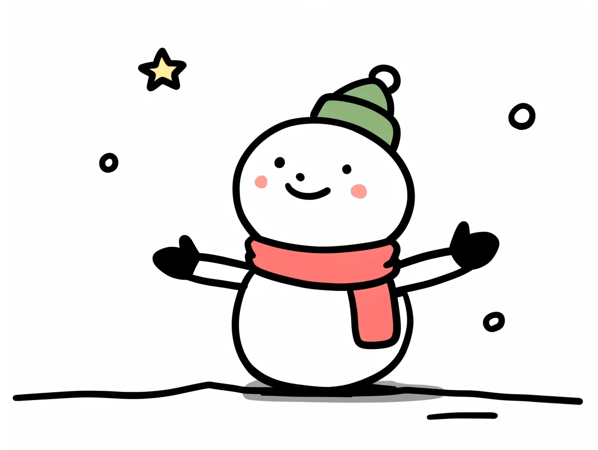 かわいい冬の緑の帽子の雪だるま｜赤いマフラーと緑の帽子を合わせた雪だるまが元気に描かれています。シンプルながら明快な構図で、冬らしさを伝えるかわいい冬のビジュアル素材として商用利用に適しています。