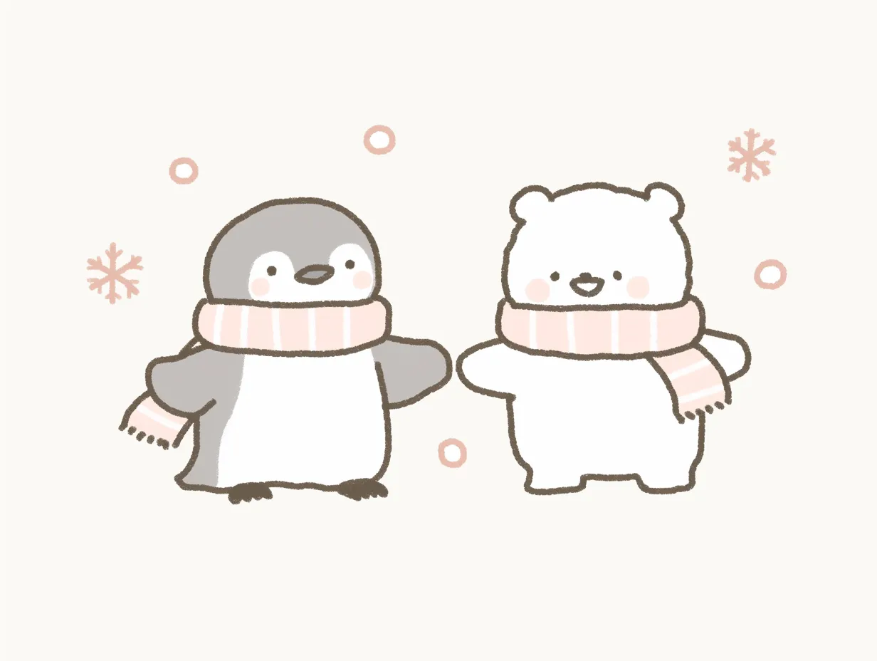 手書き冬のペンギンとシロクマ｜優しい線と淡い色合いで描かれたペンギンとシロクマが並ぶイラストです。親しみやすく温かみのある表現が魅力で、手書き冬の季節感を伝えるビジネス素材として活用しやすいデザインです。