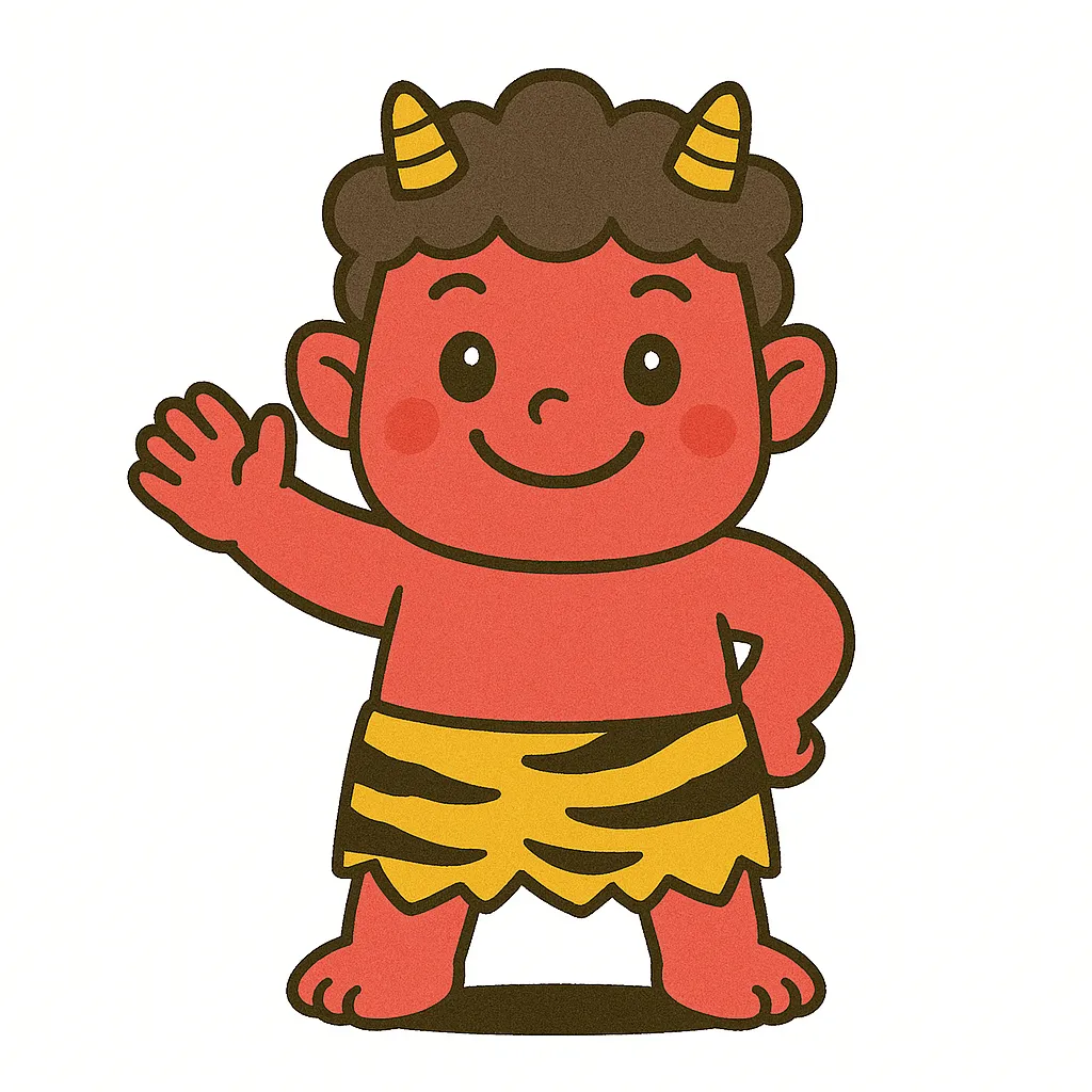 節分のかわいい鬼の赤色イラスト｜赤色の節分のかわいい鬼が穏やかな笑顔で手を振るシーンが表現されています。あたたかみのある色合いと親しみやすい雰囲気は、節分関連の広告や販促ツールに安心感を与え、明るいイメージ作りに役立ちます。