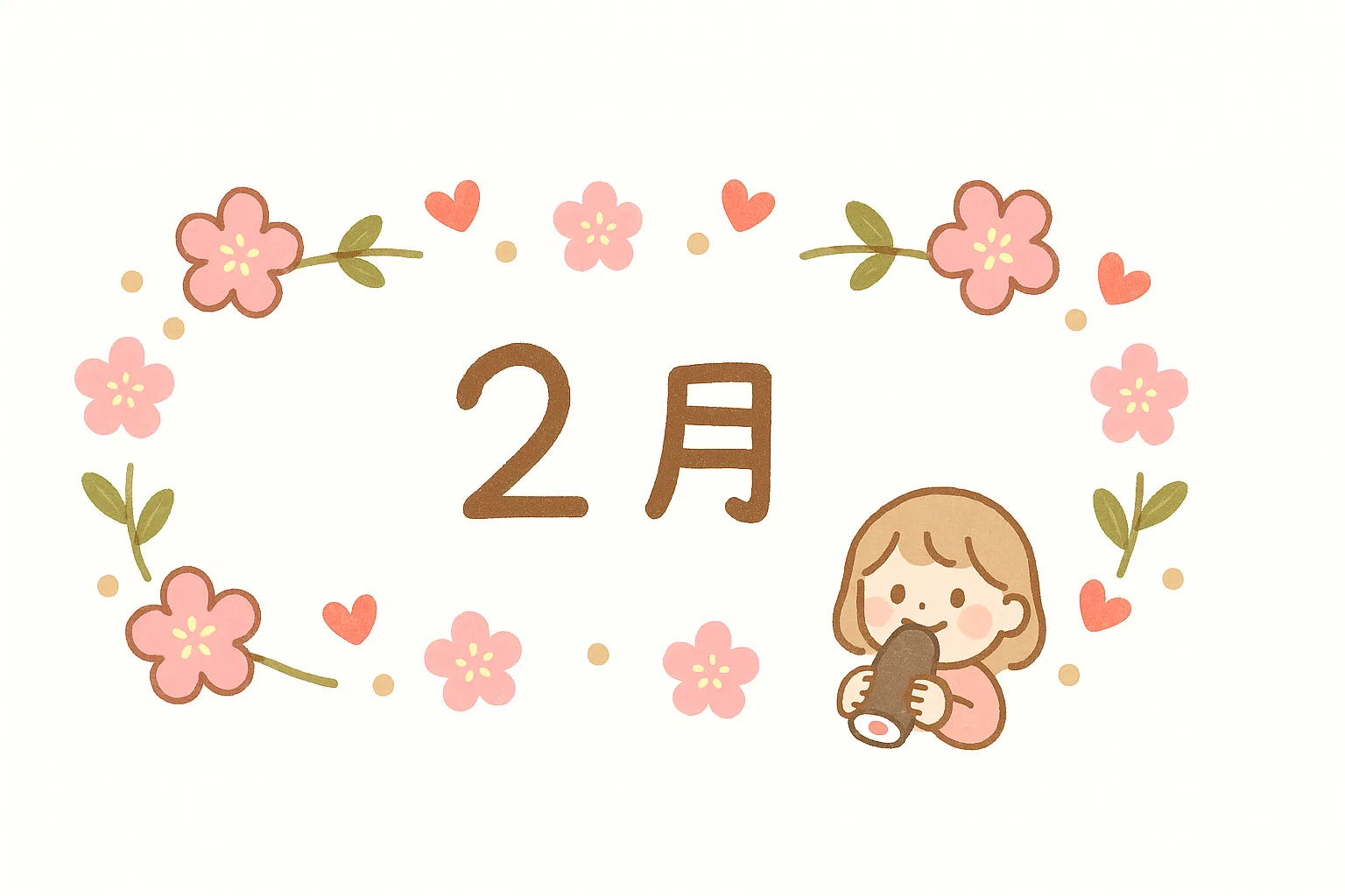 梅の花と子どもの恵方巻きイラスト｜梅の花やハートで囲まれた中に「2月」と子どもが恵方巻きを食べる様子が描かれています。やわらかい配色と可愛らしい表現が特徴で、節分や2月の販促デザインに使いやすい恵方巻きのイメージ素材です。
