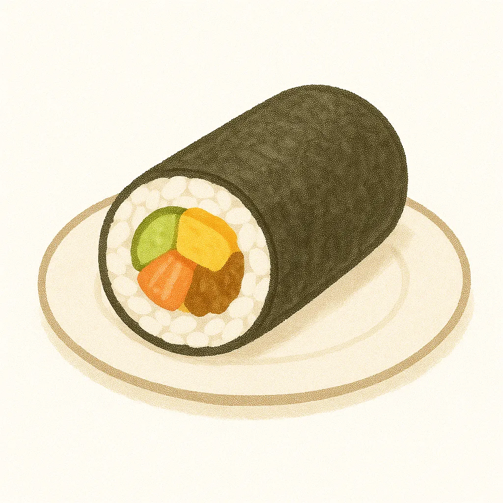 お皿に盛られた恵方巻きイラスト｜プレートに置かれた太巻き寿司がシンプルに表現されています。落ち着いた色合いとリアル寄りの描写で、食品関連の販促やイベント告知などに活用できる恵方巻きのビジネス素材です。