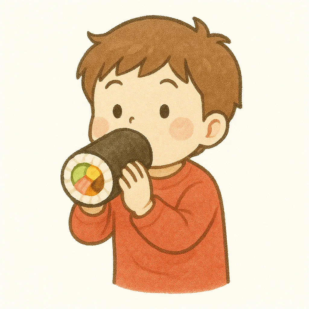 赤い服の子どもと恵方巻きイラスト｜赤い服を着た子どもが大きな恵方巻きを口いっぱいにかぶりつく姿が描かれています。素朴で温かいタッチが印象的で、節分行事や季節感を演出する広告に活かしやすいデザインです。