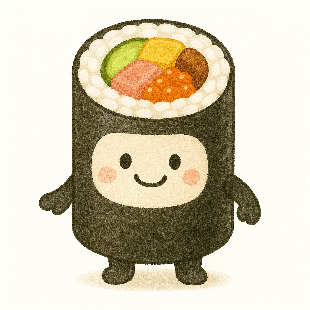 キャラクター化した恵方巻きイラスト｜太巻きが擬人化され、顔と手足が付いた恵方巻きのキャラクターが描かれています。親しみやすくユニークな表現が特徴で、イベントポスターやSNS投稿などで話題性を演出する素材に適しています。