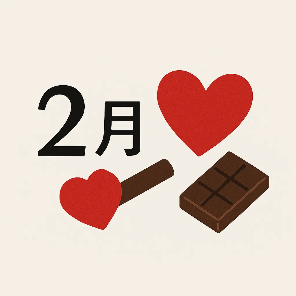 おしゃれ2月ハートとチョコレート｜ハートとチョコレートを組み合わせたバレンタインを象徴するデザインです。温かみのある赤とブラウンの配色が魅力的で、おしゃれ2月の甘い雰囲気を効果的に伝えます。