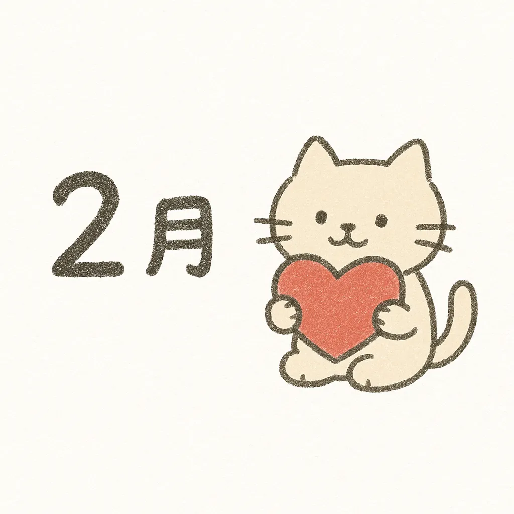 手書き2月ハートを持つ猫｜柔らかな線と温かい配色で描かれた猫がハートを抱えるデザインです。素朴な質感が魅力で、手書き2月の雰囲気を表現した親しみやすいビジネス素材です。