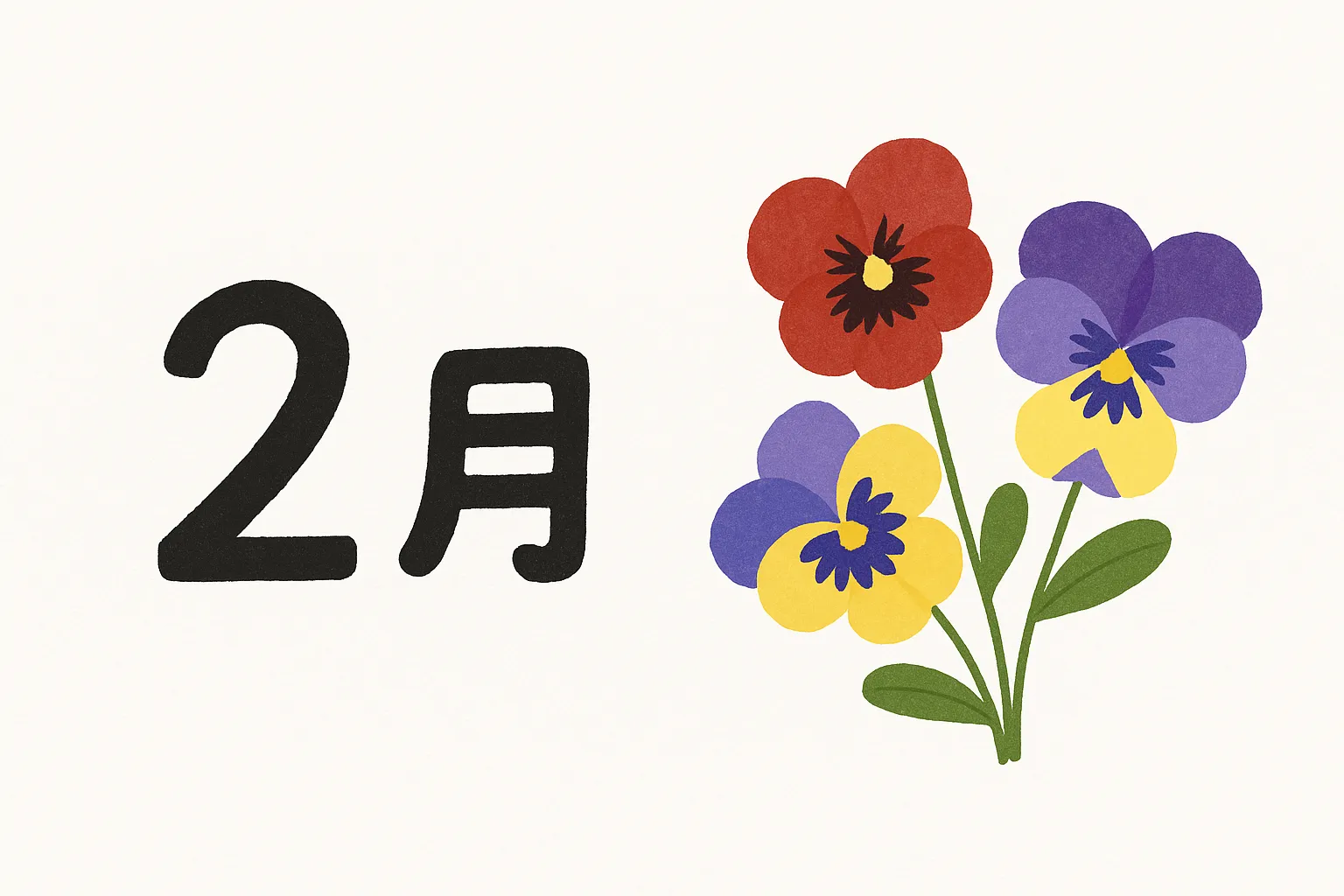 2月の花パンジー｜赤や紫、黄色が鮮やかなパンジーを組み合わせた華やかなデザインです。明快な配色とシンプルな線が特徴で、2月の花を象徴的に表現するビジネス素材として利用できます。