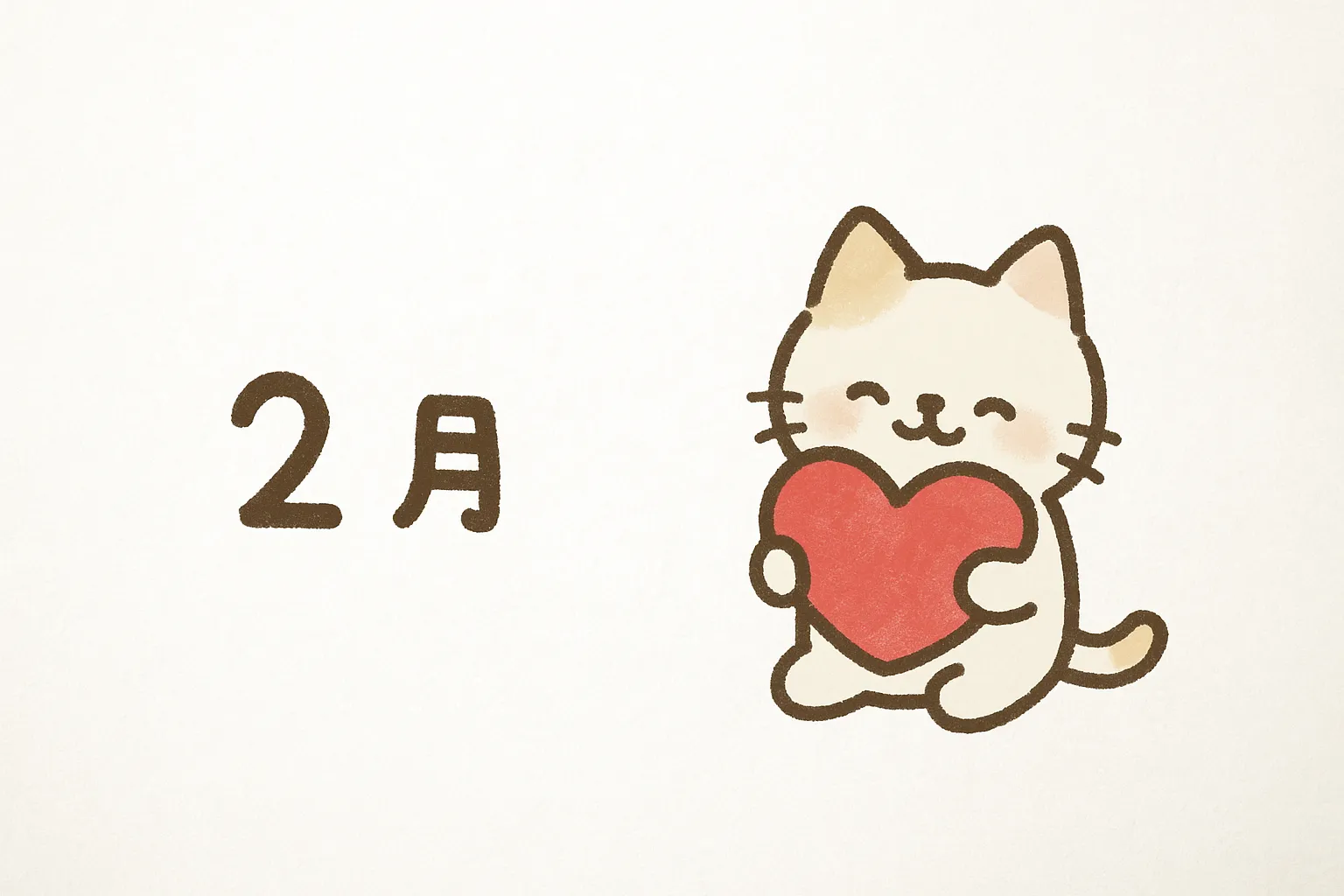 かわいい2月ハートを持つ猫｜ほっこりとしたタッチで描かれた猫が大きなハートを抱える姿が印象的です。温かみのある線と優しい配色が特徴で、かわいい2月の雰囲気を可愛らしく演出する素材です。