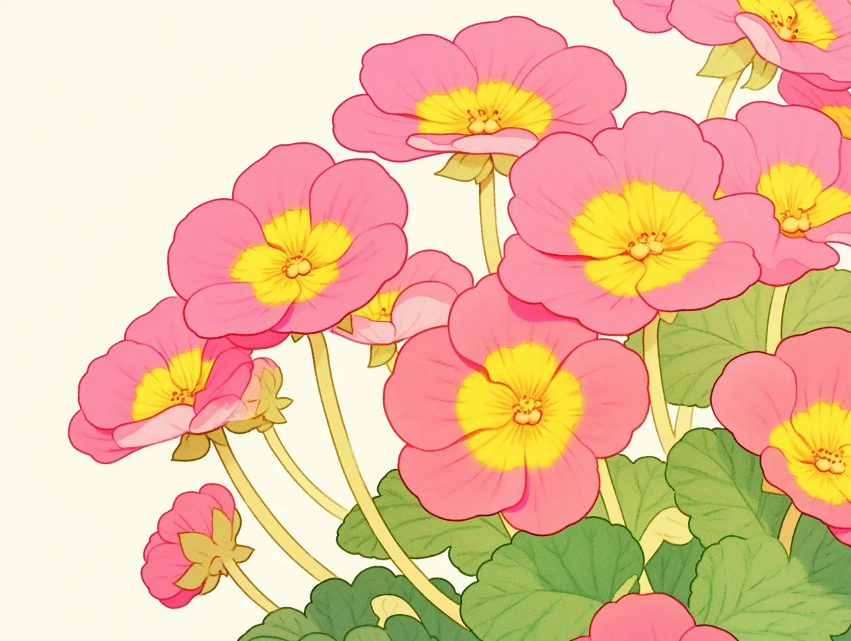 2月の花プリムラ｜鮮やかなピンクと黄色が映えるプリムラの花を細やかに描いたイラストです。華やかさと繊細さが融合し、2月の花を上品で印象的に表現できる素材です。