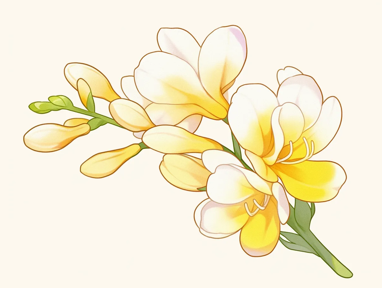 2月の花フリージア｜柔らかい黄色と白の花弁が印象的なフリージアのデザインです。自然なグラデーションと軽やかな線が特徴で、2月の花を清潔感のあるタッチで伝える素材です。