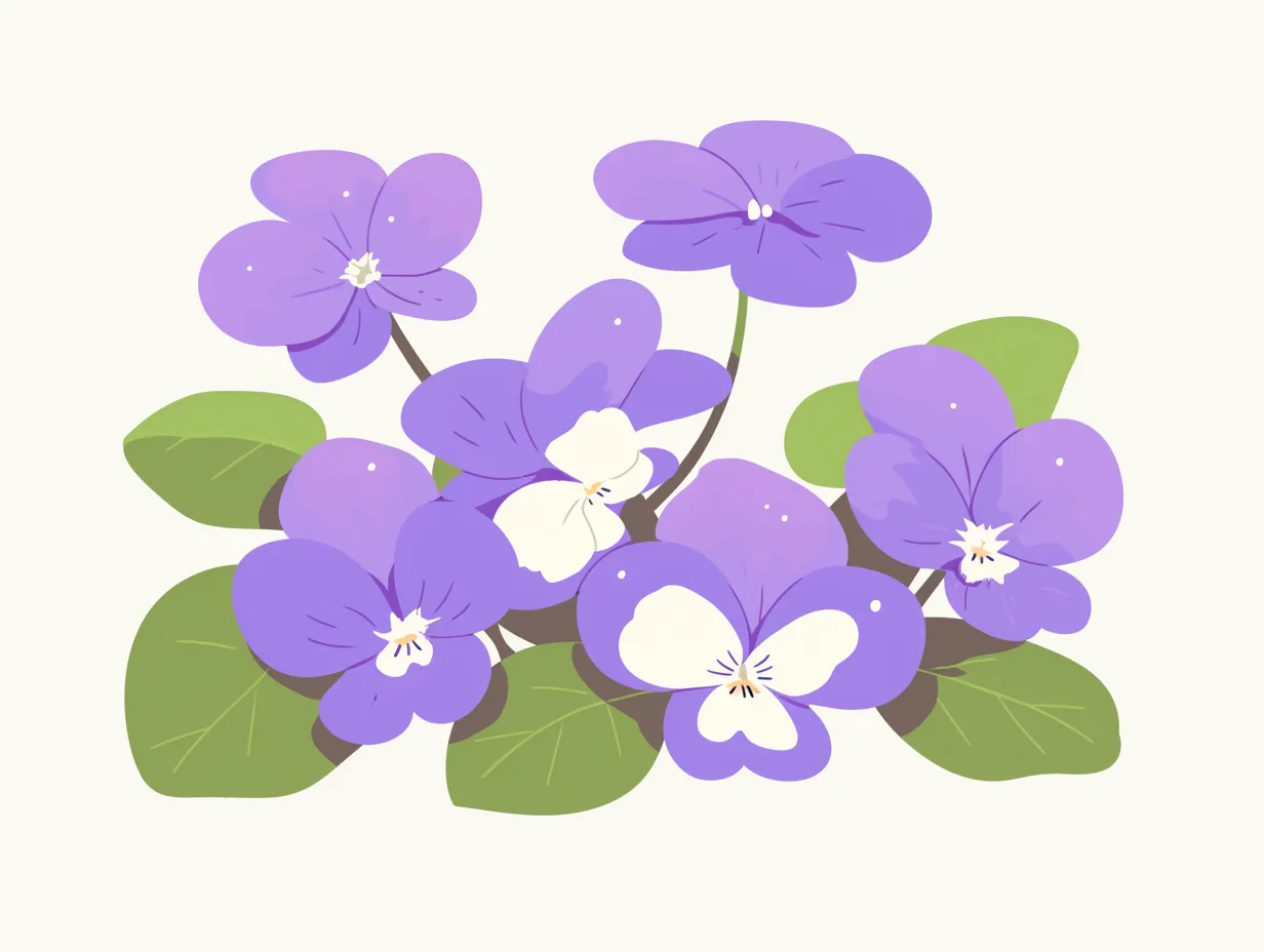 2月の花スミレの群生｜紫色のスミレをまとまりある構図で描いたイラストです。緑の葉との対比が鮮やかで、2月の花を豊かに演出する親しみやすいビジネス素材に仕上がっています。