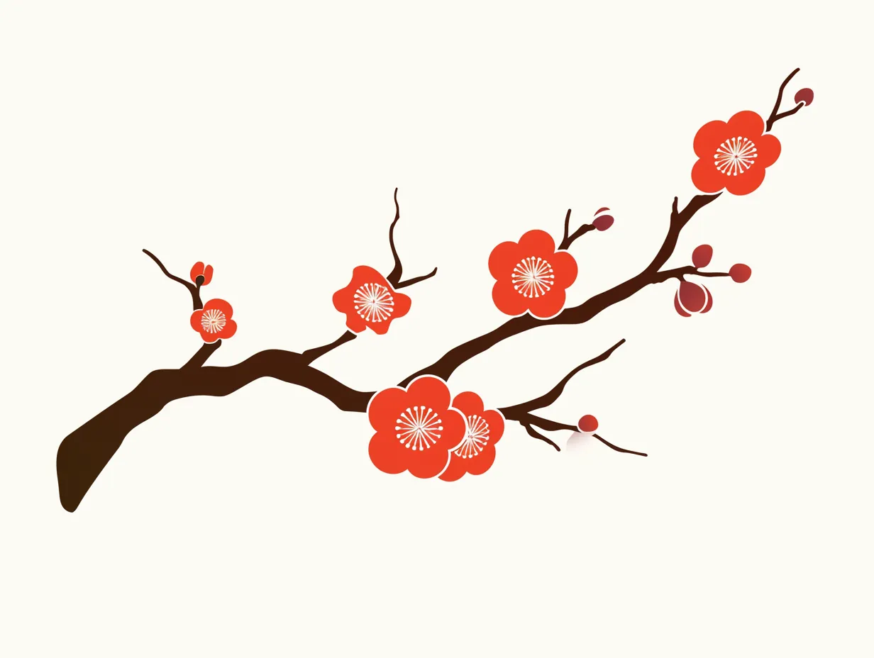 2月の花紅梅｜赤い梅の花を枝に沿って配置したシンプルな構図です。強弱のある線と鮮やかな赤色が印象的で、2月の花を洗練されたデザインで表現する素材です。