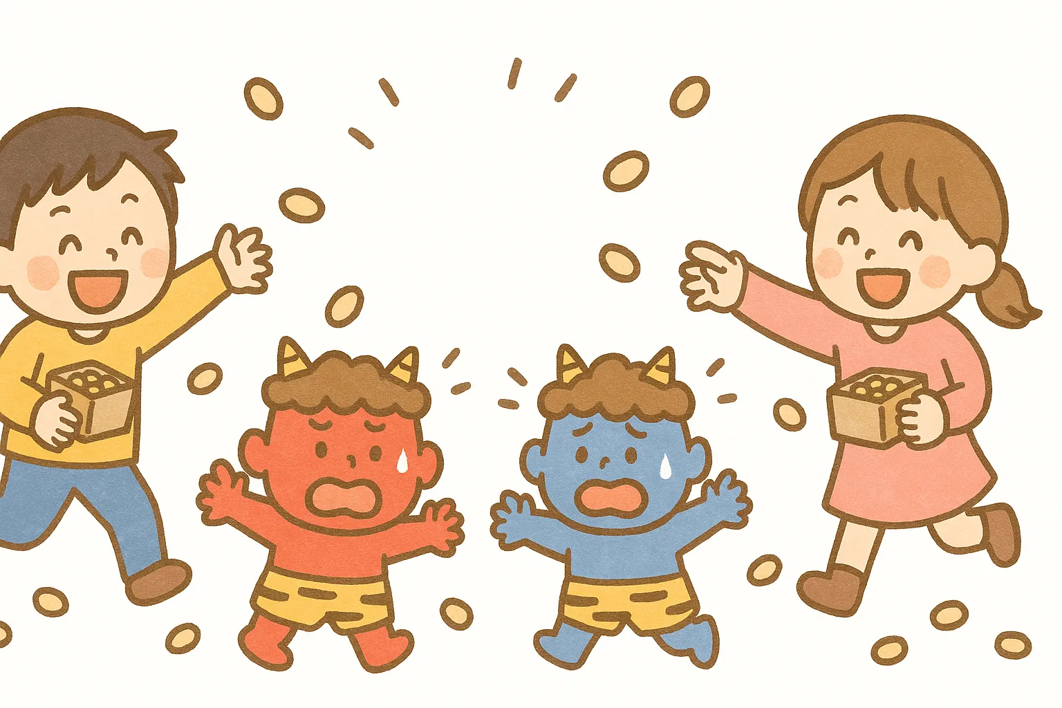 2月節分豆まきの子どもたち｜子どもたちが豆を投げ、赤鬼と青鬼が驚いて逃げる場面を描いたイラストです。表情豊かで動きのある構図が特徴で、2月節分を象徴的に表現する素材として活用できます。