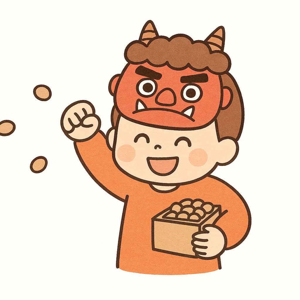 2月節分鬼のお面をかぶる子｜赤鬼のお面を頭にのせ、楽しそうに豆をまく子どもの姿を描いたデザインです。親しみやすいタッチで表現され、2月節分の雰囲気を明るく伝えるビジネス素材です。