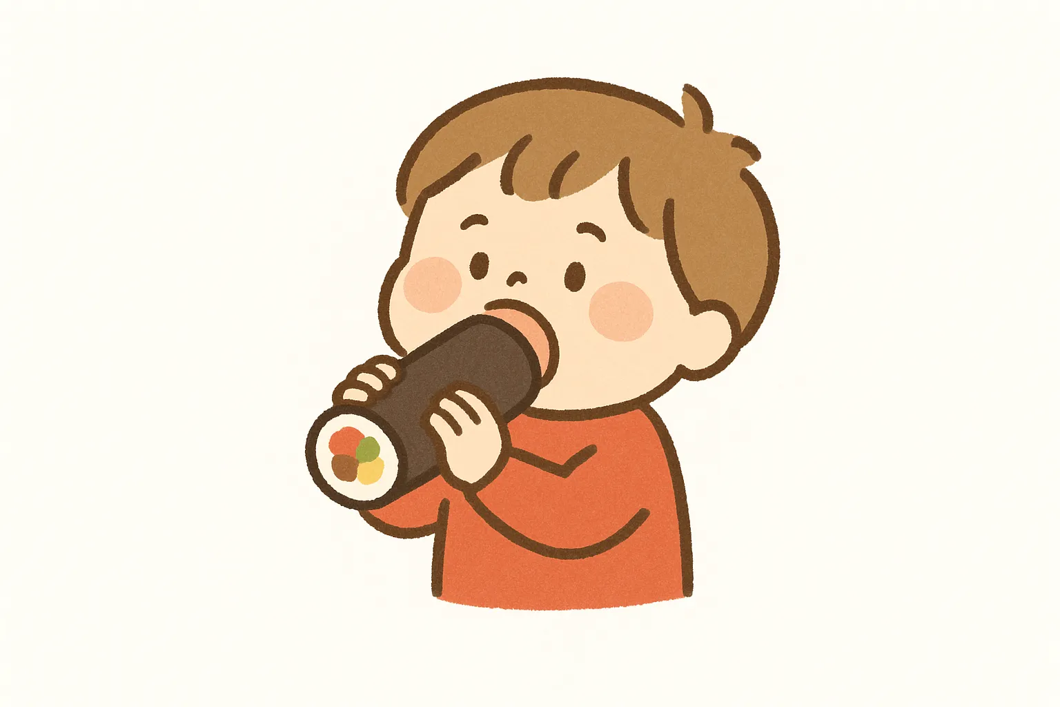 2月節分恵方巻きを食べる子｜大きな恵方巻きを一心に食べる子どものイラストです。柔らかい配色と可愛らしい表現が特徴で、2月節分を食文化の視点から紹介する素材に適しています。