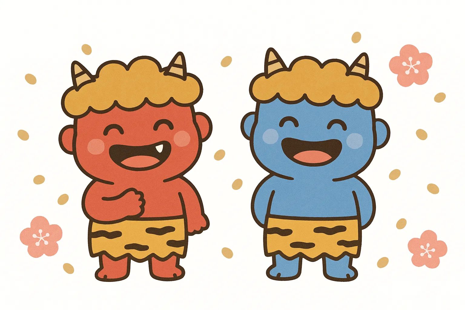 2月節分笑顔の赤鬼と青鬼｜仲良く並んだ赤鬼と青鬼が楽しそうに笑う様子を描いたデザインです。従来の怖い鬼のイメージを和らげ、2月節分をユーモラスに表現するビジネス素材です。