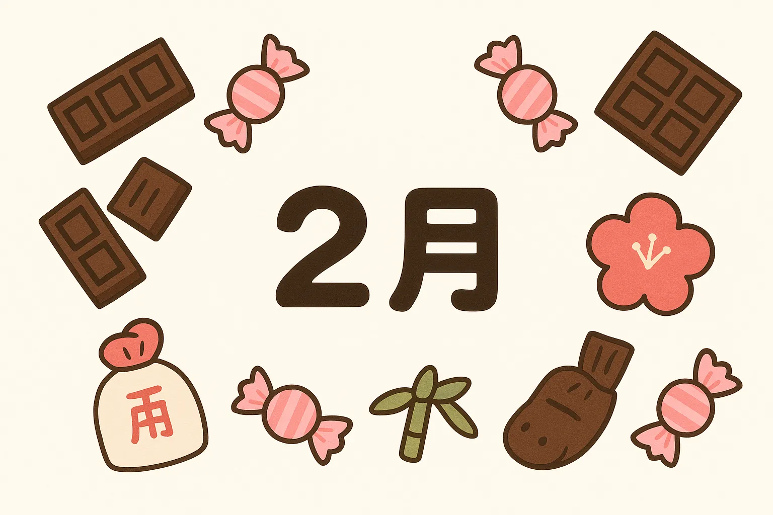 2月バレンタインのお菓子素材｜シンプルな線と柔らかな配色で描かれたお菓子のイラストです。チョコやキャンディが中心に配置され、明快な印象を与えます。2月バレンタインの雰囲気を感じさせ、広告や販促ツールに効果的です。
