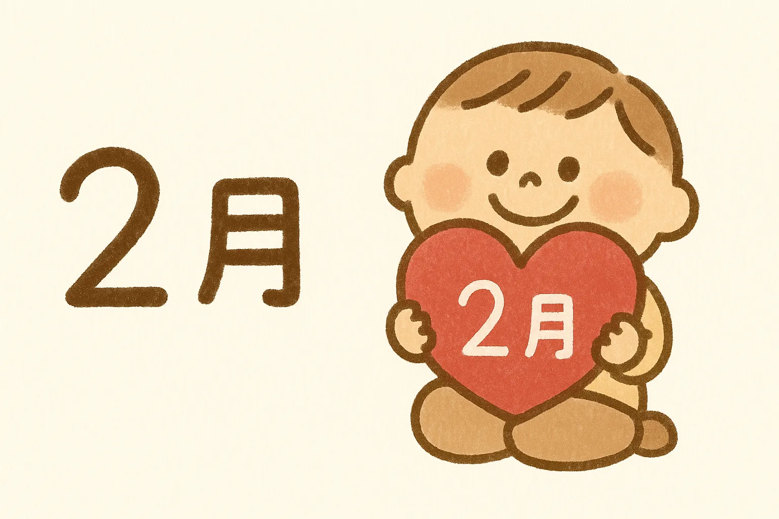 2月バレンタインのハートを持つ子ども｜優しいタッチで描かれた子どもが大きなハートを抱えるイラストです。温かみのある色調で、2月バレンタインの季節感を伝えます。親しみやすい表現で教育・商業シーンに活用できます。