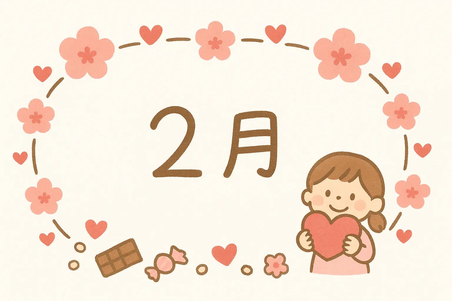 2月バレンタインの花と女の子｜ハートや花に囲まれたフレーム構成で、女の子がハートを抱えるイラストです。かわいらしく温かな表情が特徴で、2月バレンタインの甘い雰囲気を演出。販促用やカードデザインに適します。