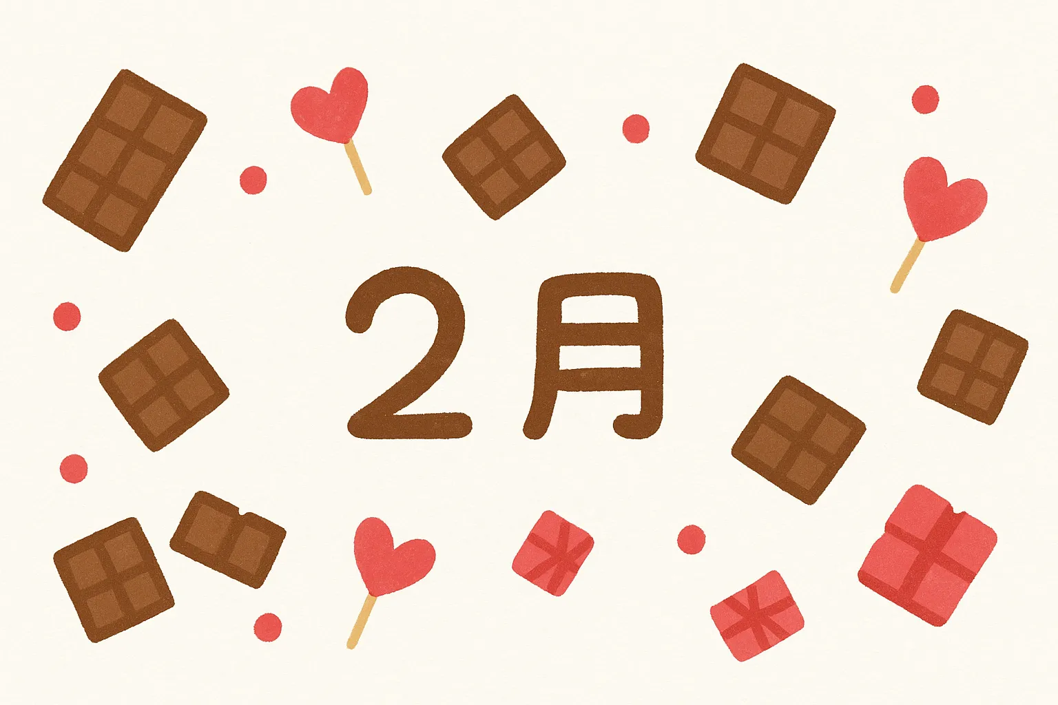 2月バレンタインのチョコレート素材｜チョコレートやハートが散りばめられたデザインです。ポップで明快なレイアウトにより、2月バレンタインの賑やかさを表現。商品PRやデジタル広告に使いやすいイラストです。