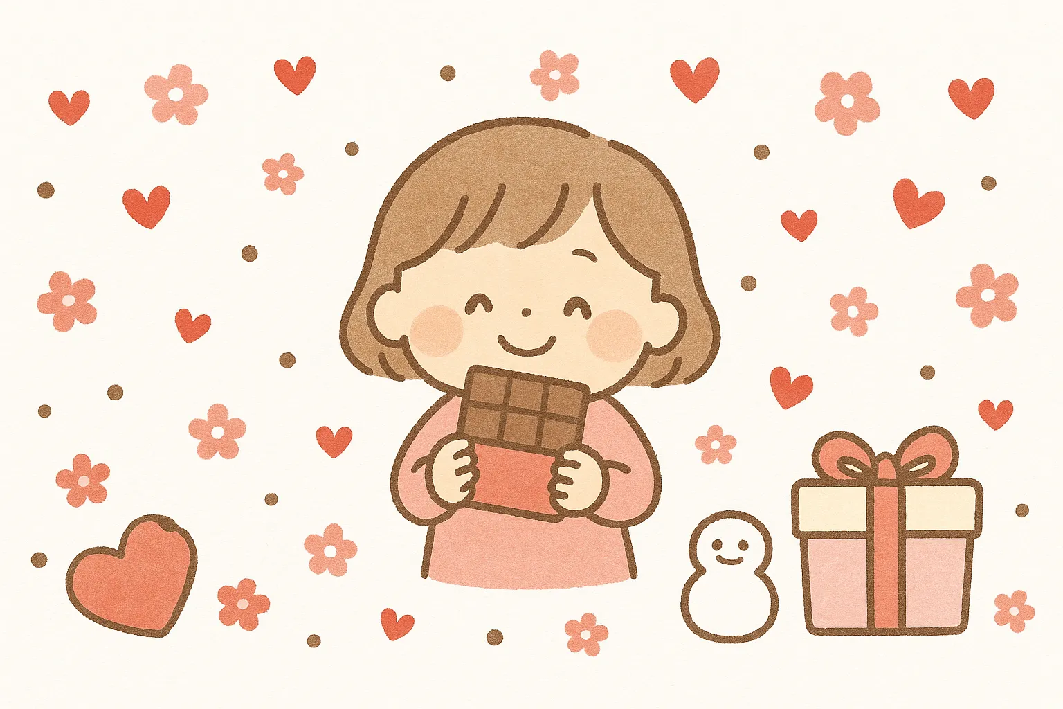 かわいいバレンタインの女の子とチョコ｜チョコレートを手にした女の子が微笑むデザインです。背景には小さな花やハートが散りばめられ、かわいいバレンタインの華やかさを演出。広告やカード素材に適したイラストです。