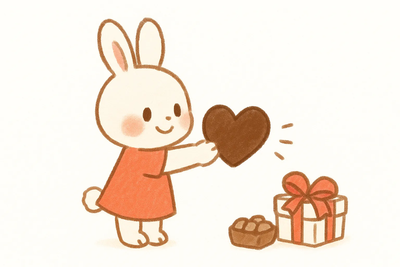 かわいいバレンタインのうさぎ｜うさぎが大きなハートをプレゼントに添える姿を描いたイラストです。シンプルでやさしい線画と柔らかい配色が特徴で、かわいいバレンタインを象徴的に伝えるビジネス素材です。