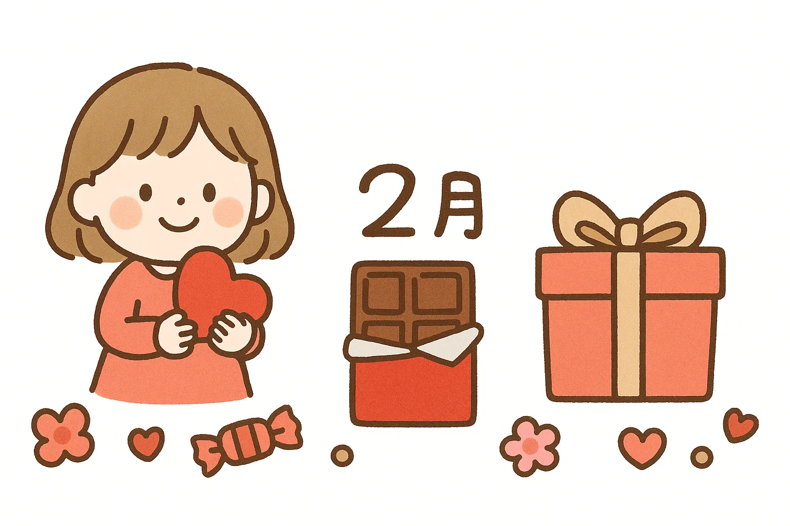 かわいいバレンタインの女の子とギフト｜女の子がハートを抱え、チョコとギフトが並ぶ構成です。整ったレイアウトで親しみやすく、かわいいバレンタインの雰囲気を効果的に表現できる販促用素材に向いています。