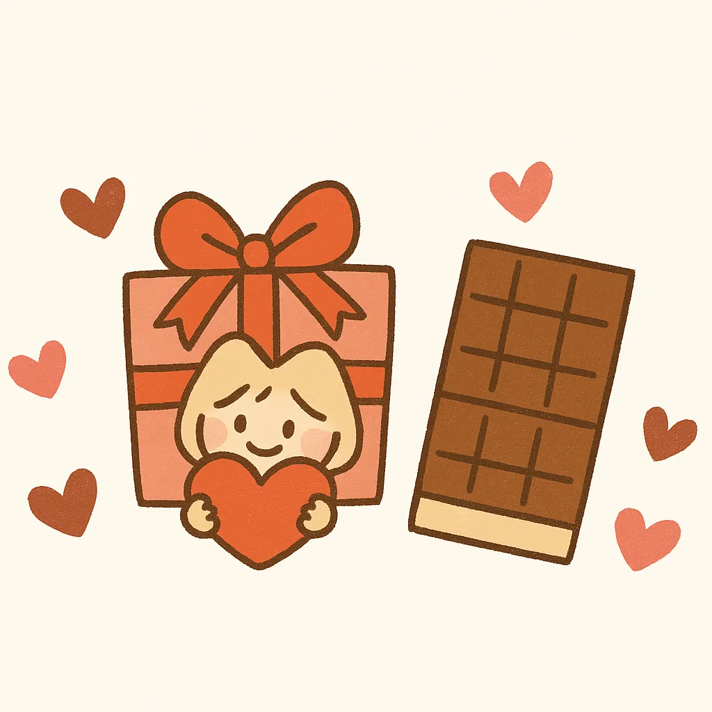かわいいバレンタインのギフトとチョコ｜プレゼントボックスと板チョコの横に、ハートを抱えるキャラクターを描いたデザインです。コンパクトで明快な構図が、かわいいバレンタインを分かりやすく演出します。