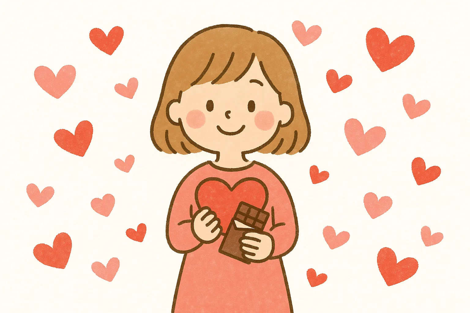 かわいいバレンタインの女の子とハート｜赤いハートとチョコを手にする女の子が描かれています。背景には大小のハートが散りばめられ、かわいいバレンタインの華やかで温かい印象を伝える素材です。