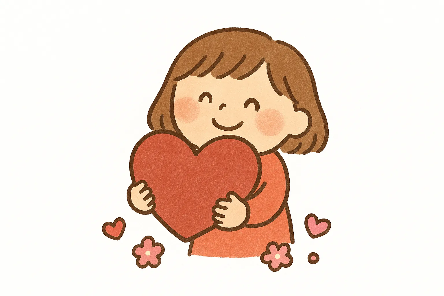 かわいいバレンタインの大きなハート｜大きなハートを抱えて微笑む女の子のイラストです。周囲に小さな花やハートが添えられ、かわいいバレンタインのやさしい雰囲気を演出。メッセージカードや広告に利用可能です。