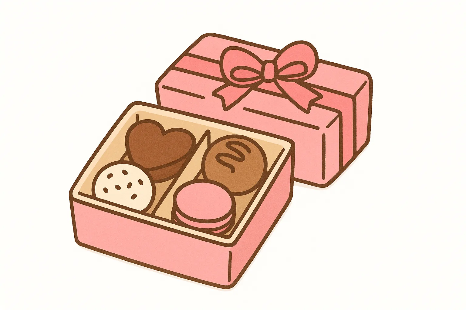 バレンタインチョコのギフトボックス｜落ち着いた線で描かれたバレンタインチョコのギフトボックス。リボンや整った配置が上品さを感じさせ、シンプルながらもビジネス素材として幅広く使える実用性の高いデザインです。