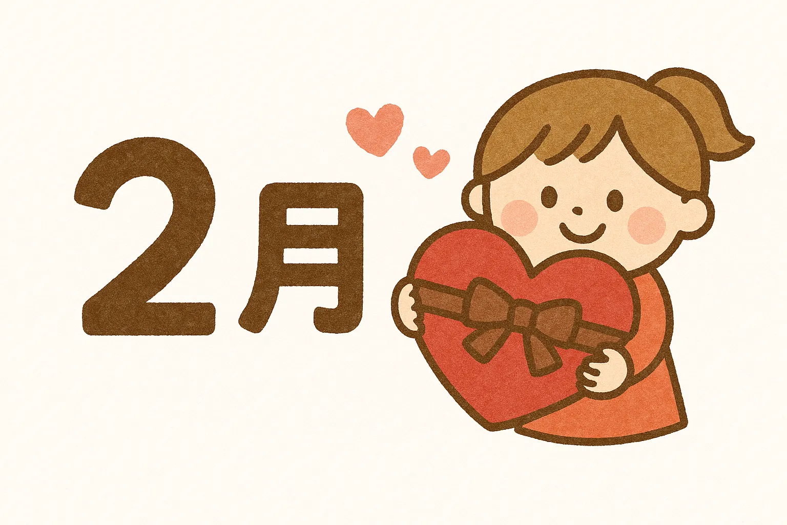 かわいい2月ハートを抱える女の子｜大きなハートを抱えた女の子の笑顔が印象的なイラストです。明るい表情とポップな色づかいが組み合わさり、かわいい2月のバレンタインらしい雰囲気を表現するビジネス素材に仕上がっています。