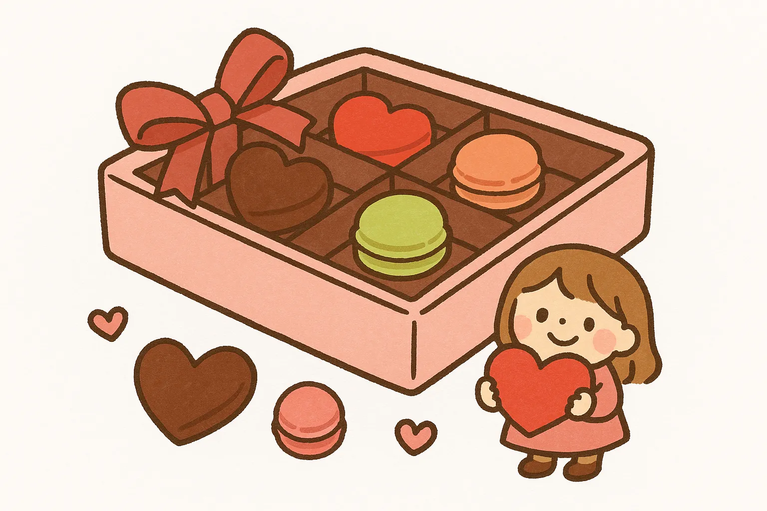 バレンタインチョコと女の子のイラスト｜女の子と一緒に描かれたカラフルなバレンタインチョコが印象的。柔らかなトーンとかわいらしい構成で、親しみやすい雰囲気を演出できるため広告や季節感の演出に最適です。