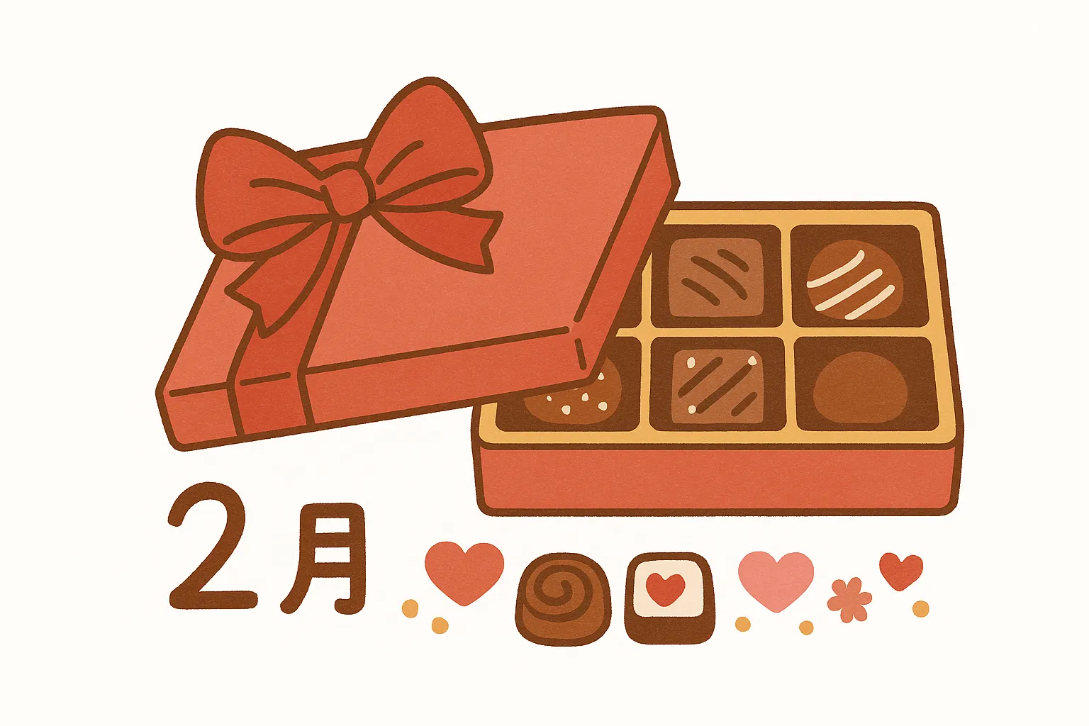 バレンタインチョコと二月のデザイン｜2月を象徴する文字とバレンタインチョコがセットになったデザイン。季節感を即座に伝えることができ、行事用のビジネス素材として視認性と実用性に優れています。