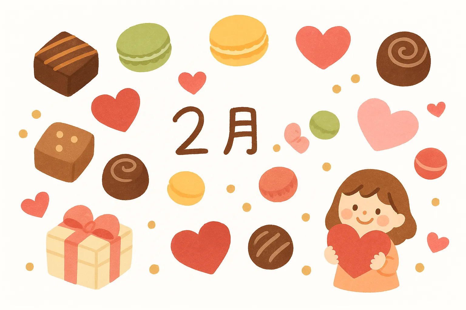 バレンタインデーと二月のイラスト｜カラフルなマカロンやチョコが散りばめられ、中央に二月の文字を配した構成。柔らかい配色が親しみやすく、バレンタインデーを意識した季節素材として資料や広告に活用できます。