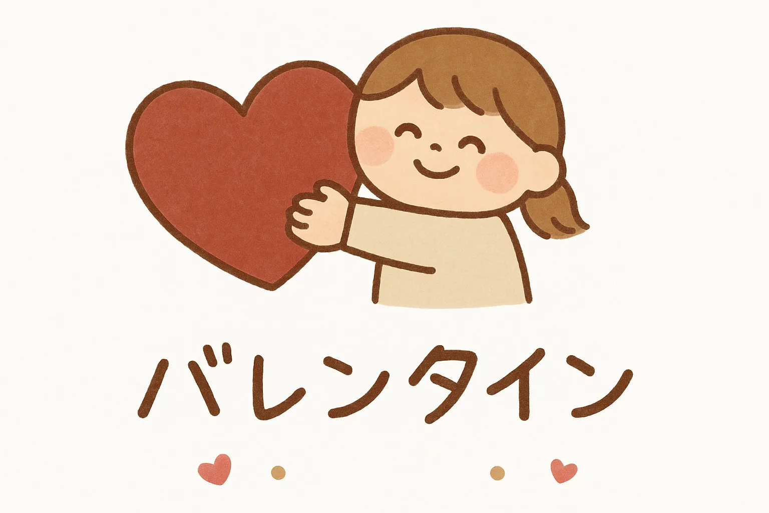 バレンタインデーと大きなハートを抱える女の子｜笑顔の女の子が大きなハートを抱える温かみのあるデザイン。シンプルな文字構成と明るい色合いが特徴で、バレンタインデーの訴求に直結する視覚的効果を持ちます。