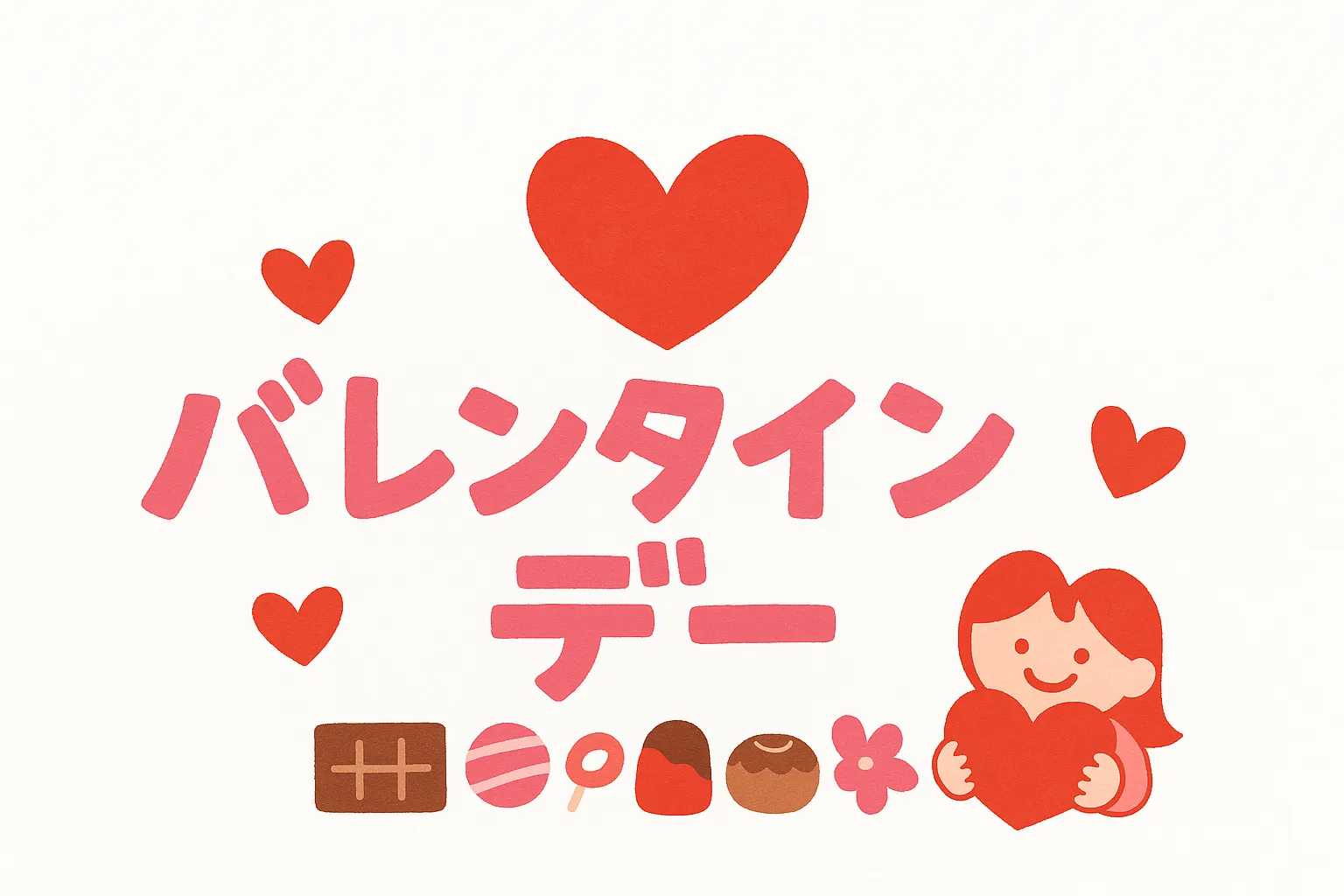 バレンタインデーのハートと文字デザイン｜赤とピンクを基調にしたハートと文字の組み合わせ。華やかな色合いと明快な構図により、バレンタインデーを強調した販促用素材として高い汎用性があります。
