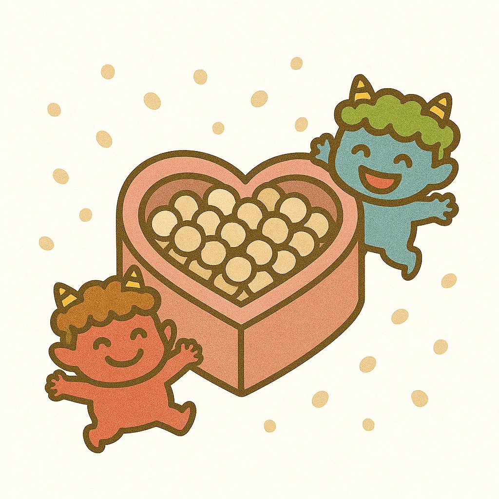 かわいい節分豆まきとハートの箱｜赤鬼と青鬼がハート型の箱に入った豆を囲むデザイン。やわらかい配色と楽しげな雰囲気で、かわいい節分を親しみやすく表現したビジネス素材です。