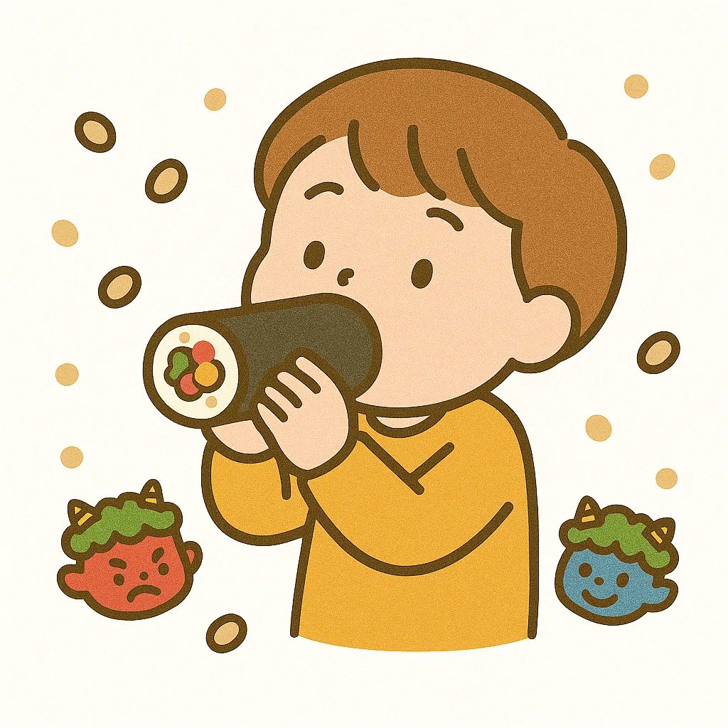 かわいい節分恵方巻を食べる子供｜黄色い服の子供が恵方巻を頬張る様子を描いたイラスト。豆や鬼の表情も加わり、かわいい節分を印象づけることで販促や教育資料に活用できます。