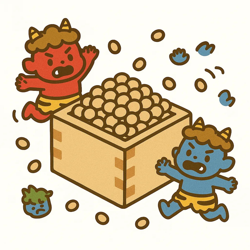 かわいい節分豆と鬼のイラスト｜赤鬼と青鬼が豆の入った升に迫る迫力ある構図。動きのあるデザインながら温かみのある線で、かわいい節分を象徴する視覚的効果を持っています。