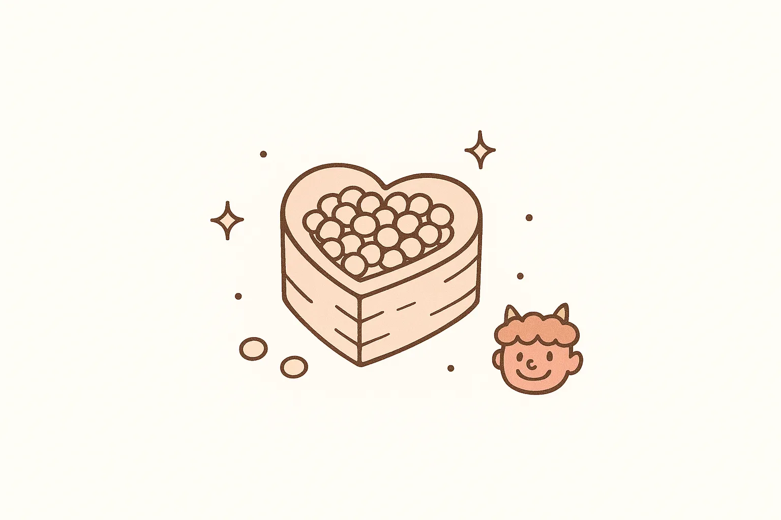 おしゃれ節分ハート枡と鬼のイラスト｜ハート型の枡に豆が入った華やかなデザイン。かわいらしい鬼の顔がアクセントとなり、おしゃれ節分をポップに表現したビジネス素材です。