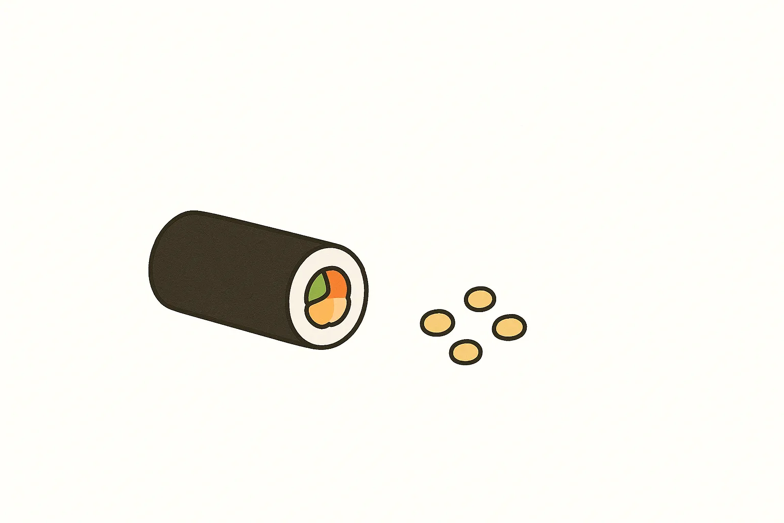 おしゃれ節分恵方巻と豆のイラスト｜シンプルな恵方巻と豆を並べた落ち着いた構図。余白を効果的に活用しており、おしゃれ節分をシンプルに伝える資料やウェブ用素材に最適です。