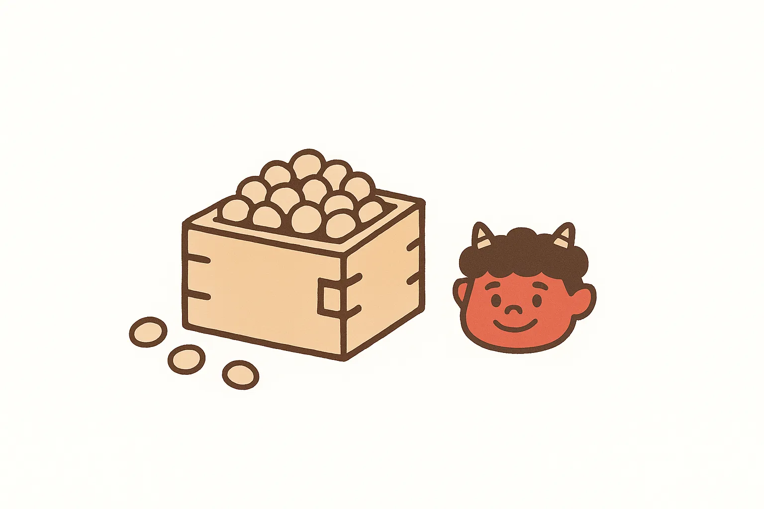 おしゃれ節分豆の枡と鬼の顔イラスト｜枡と鬼の顔を並べたわかりやすい構図。フラットな色合いとクリーンな線が調和し、おしゃれ節分を親しみやすく伝える素材となっています。