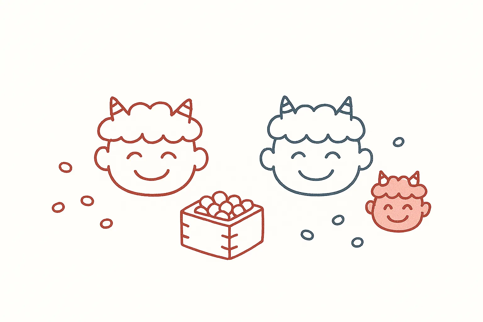 おしゃれ節分豆と笑顔の鬼たち｜赤と青の線画で描かれた笑顔の鬼と豆の枡を組み合わせた構図。シンプルながらも印象的で、おしゃれ節分を柔らかく表現する素材です。