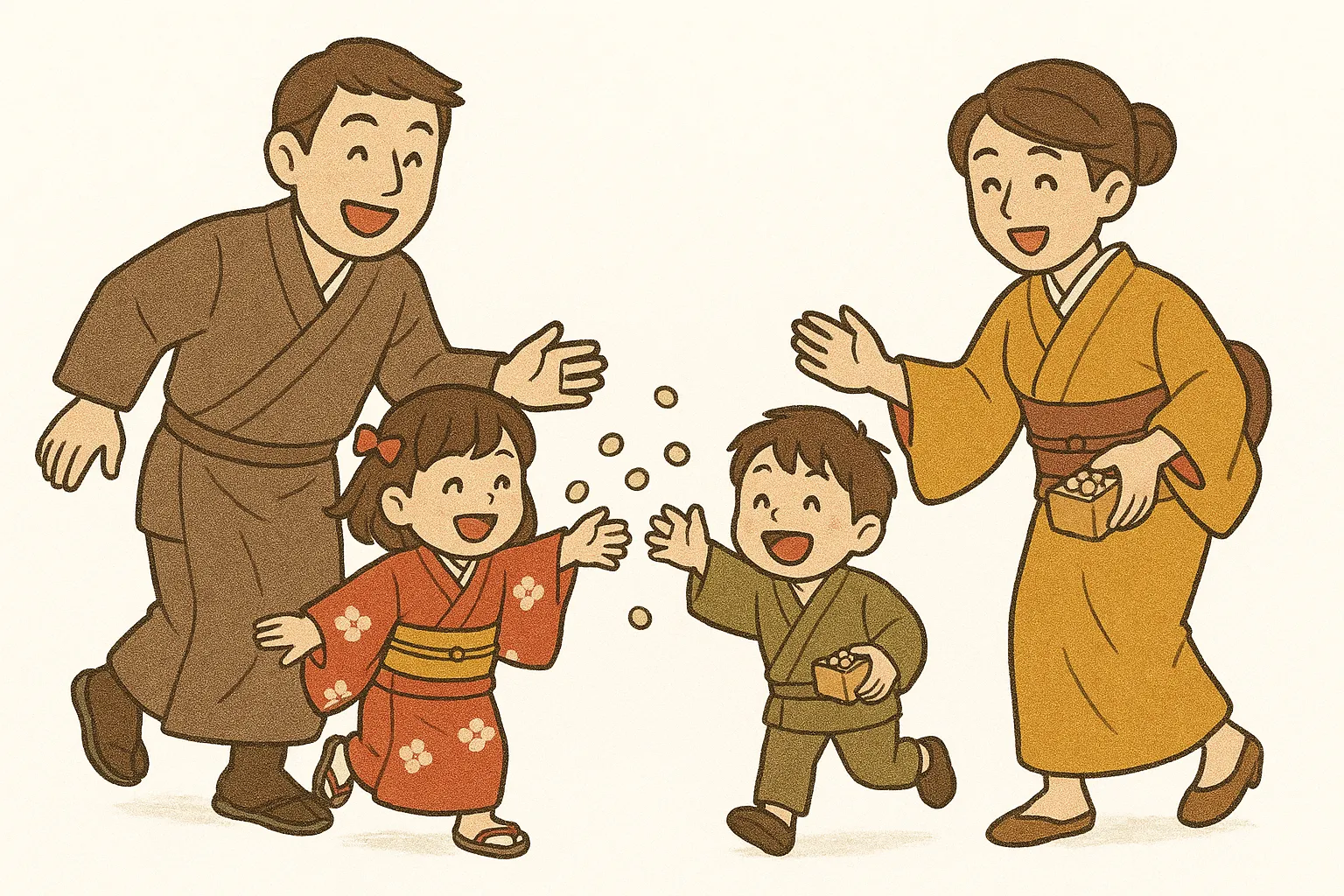 節分豆まきを楽しむ家族｜和服を着た家族が笑顔で豆まきをしている様子を描いたイラストです。温かみある描写で節分豆まきの行事を親しみやすく伝えられ、広告や広報資料に活かせます。