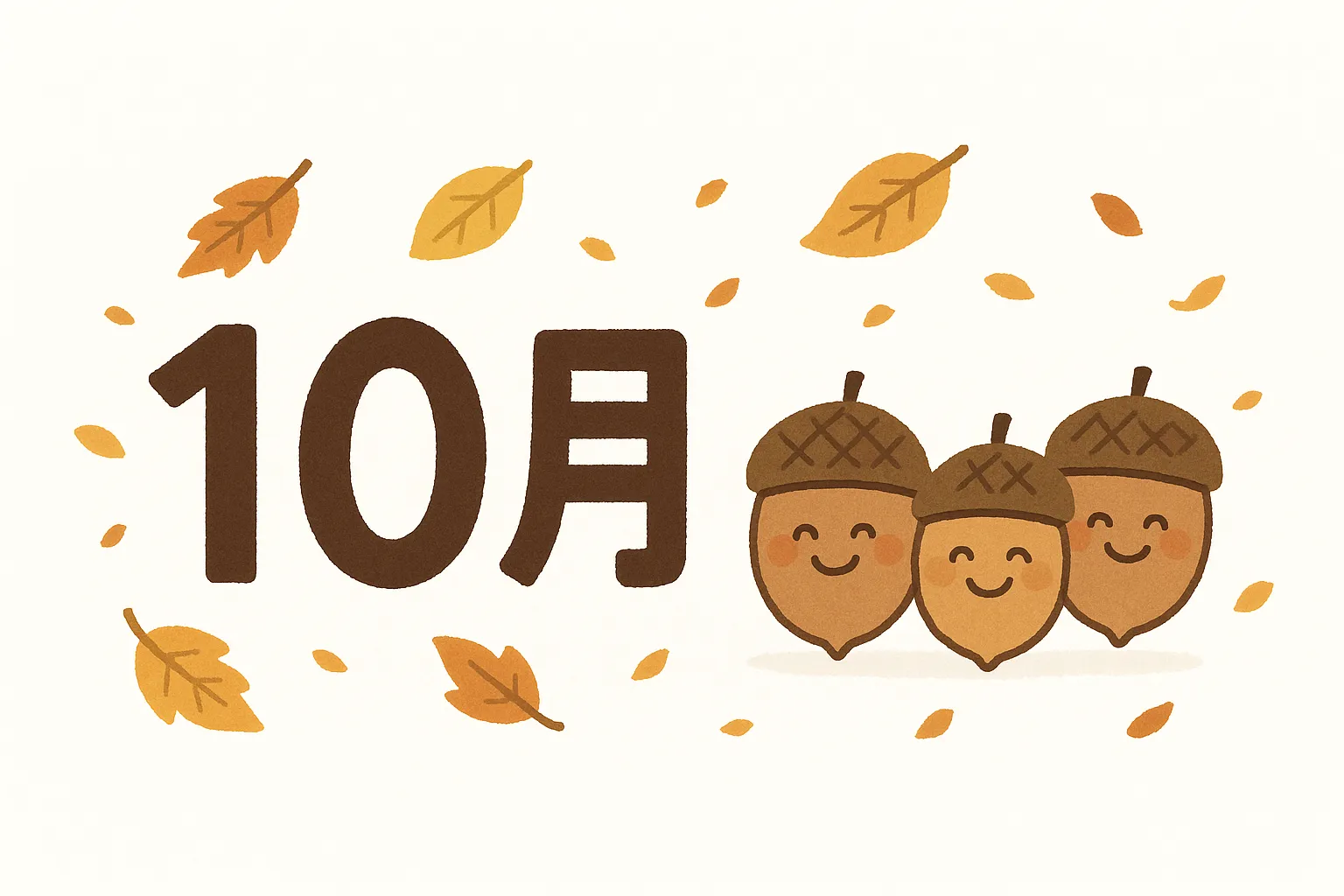 かわいい10月・どんぐり笑顔ファミリー｜落ち葉舞う中、ほっこり笑顔のどんぐりたちが並ぶ、温かく親しみのあるデザイン。秋の実りとかわいさがぎゅっと詰まった一枚です。