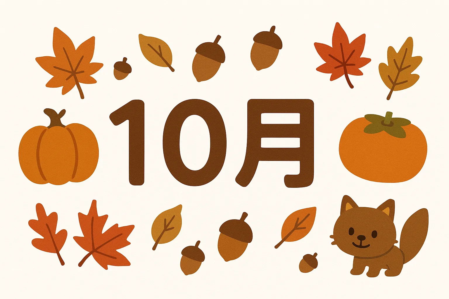 かわいい10月・きつねと秋の味覚いっぱい｜柿やかぼちゃ、どんぐりなど秋の実りに囲まれたきつねが主役。茶系の落ち着いた配色で、ぬくもりを感じるイラストです。