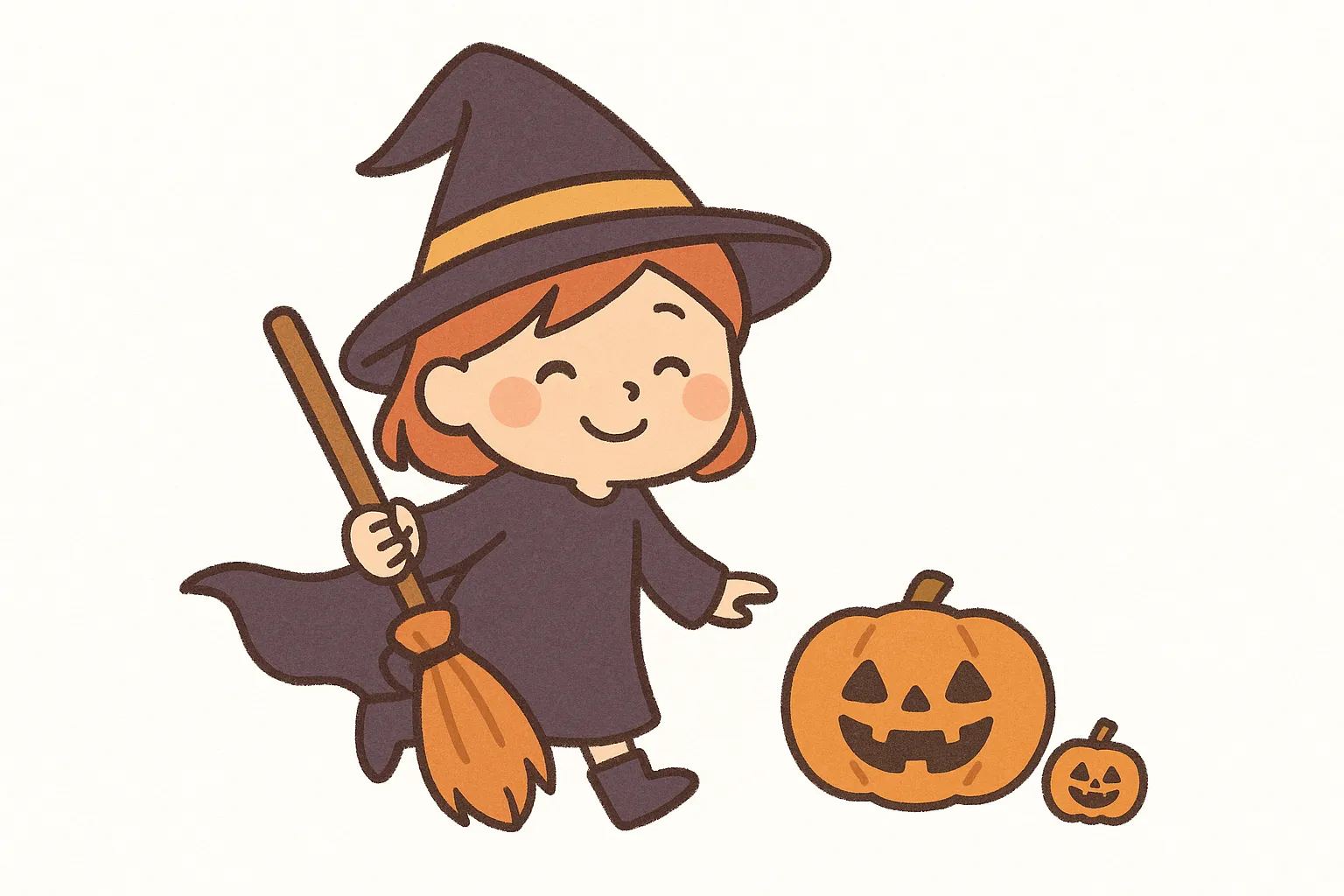 ハロウィンキャラクター／魔女の女の子とカボチャ｜魔女衣装を着た女の子がほほ笑みながらほうきを持って歩く姿。シンプルで丸みのある線と温かみのある配色が、安心感とやさしさを伝えます。